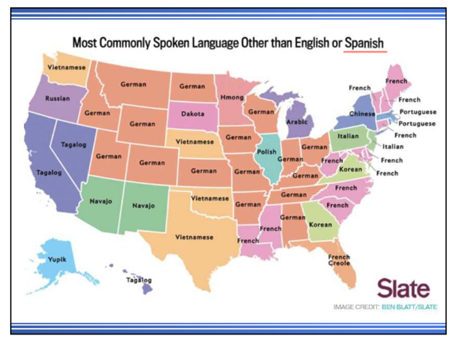 An image of the United States showing the most commonly spoken language other than English or Spanish for each of the 50 states.