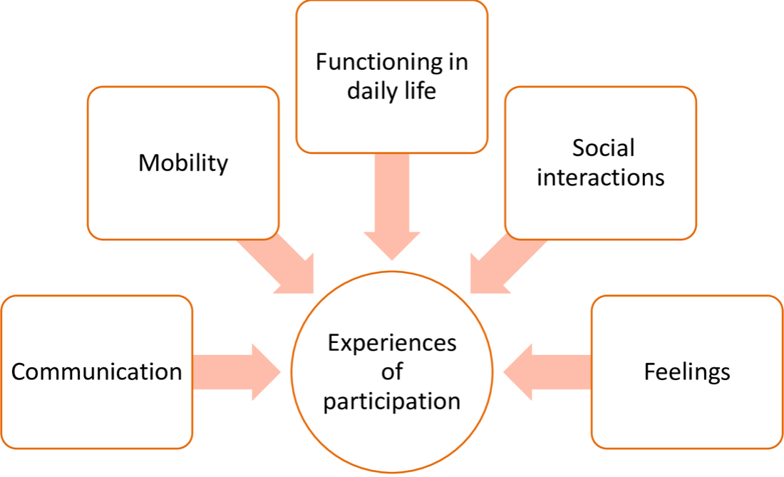 An image with a circle with the words "Experiences of participation" and related subcategories of Communication, Mobility, Functioning in daily life, Social interactions, and Feelings