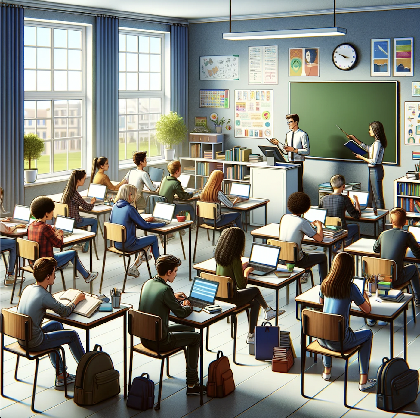 The image is of a high school classroom scene, showing a diverse group of students engaged in learning activities.