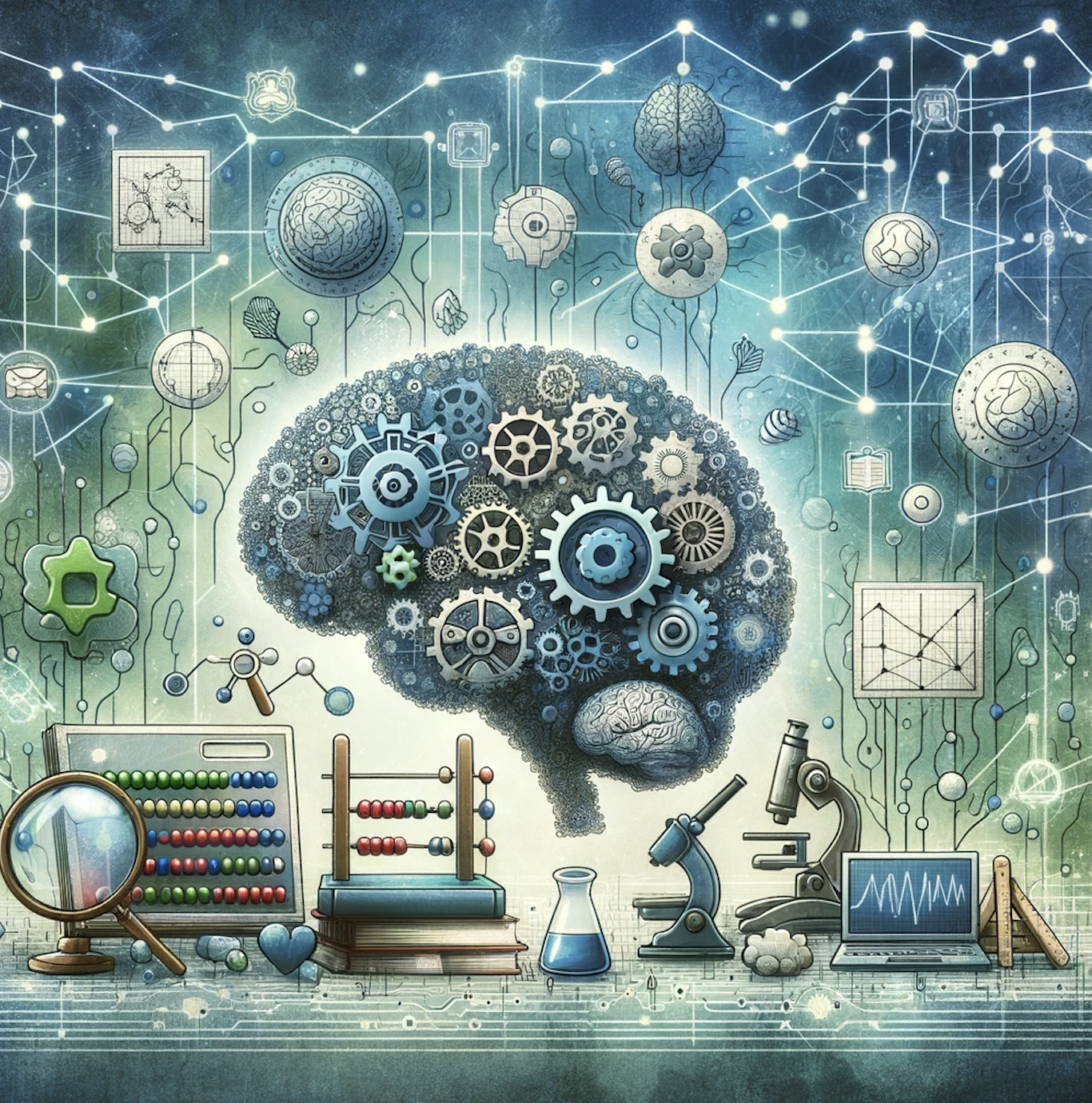 Here is an image representing cognitive development, featuring a human brain composed of gears and puzzle pieces, surrounded by symbols of learning and growth set against a backdrop of neural networks.