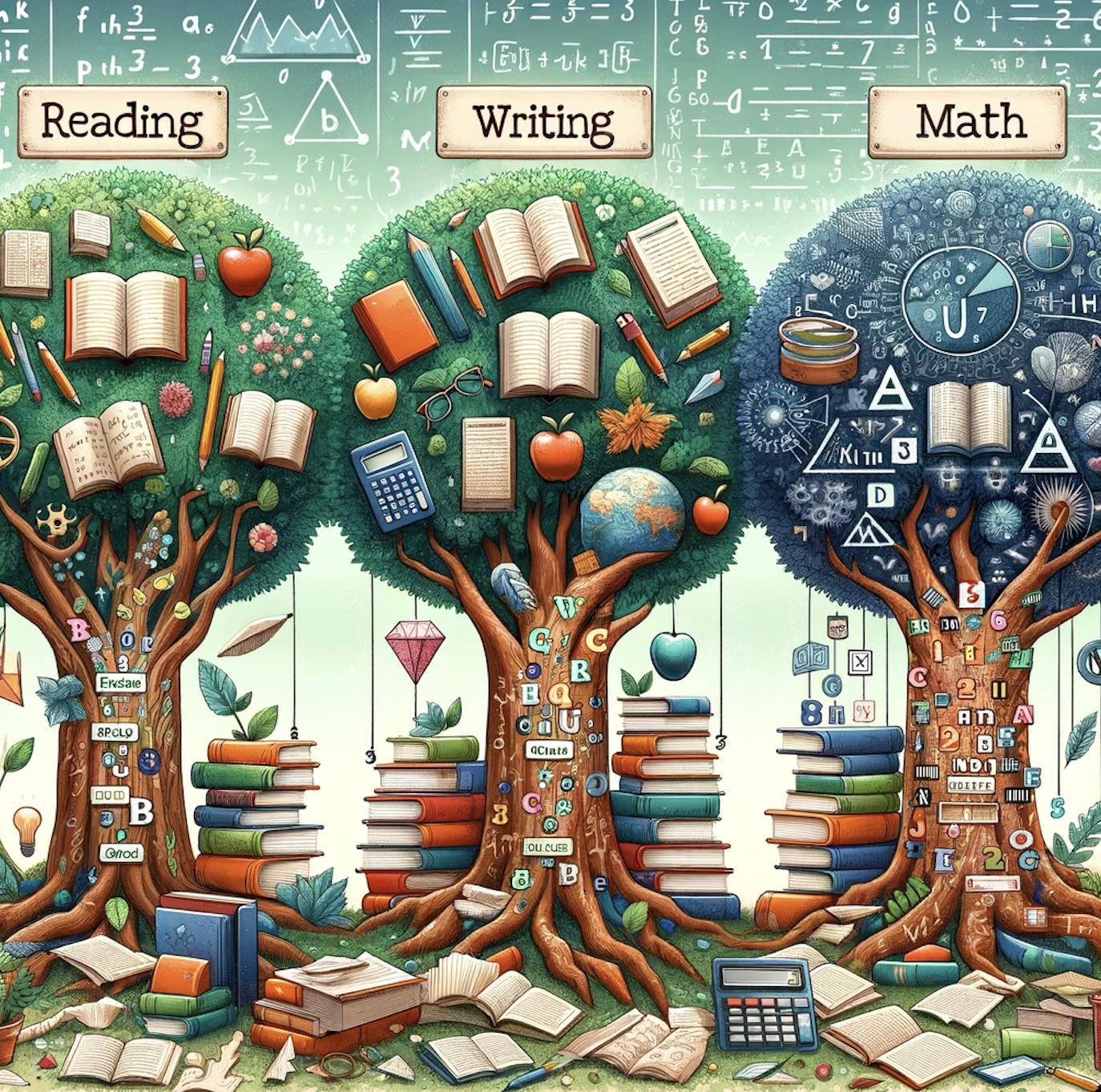 Here is an illustration depicting the foundational academic skills of reading, writing, and math, represented as trees in a forest of knowledge, each illustrating the developmental stages of these skills.