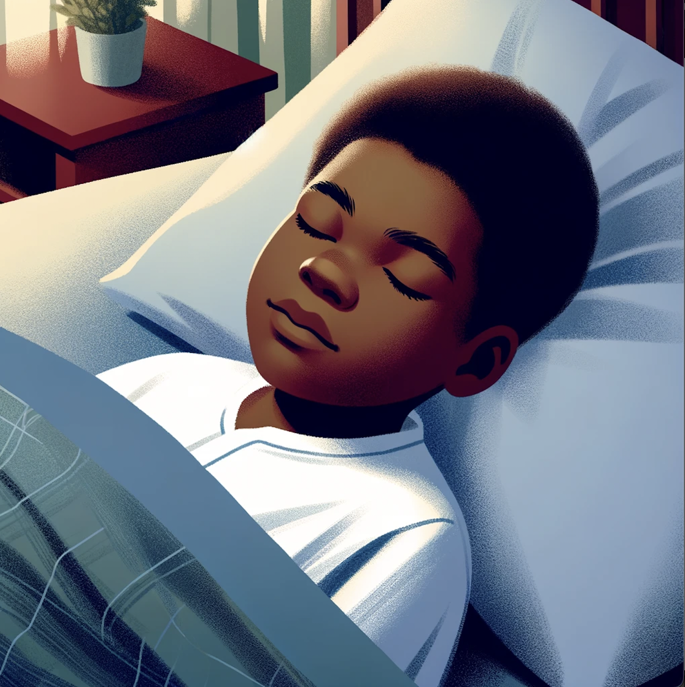 Image of an African American boy sleeping peacefully in his bed.