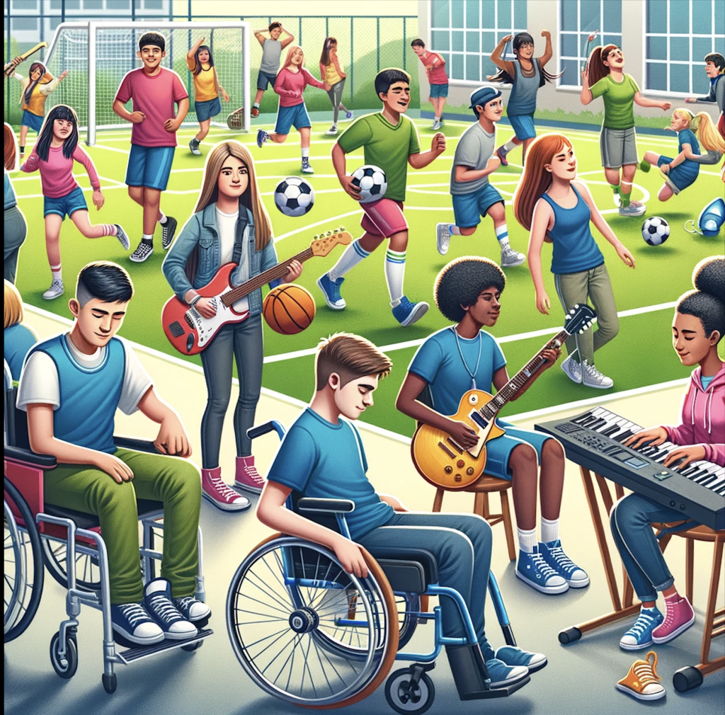 This image features a diverse group of high school students, including those with disabilities, engaged in sports and music. activities