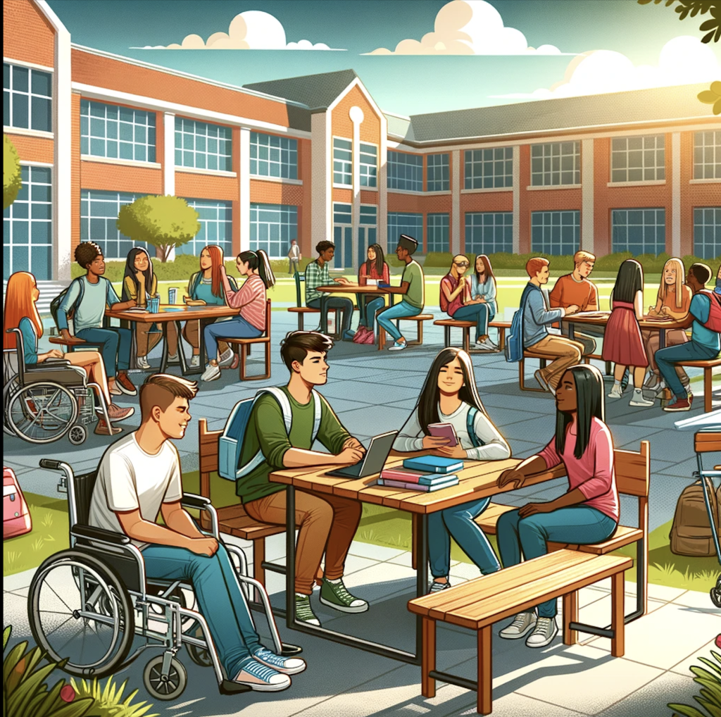 This image depicts a diverse group of high school students seated outdoors, engaged in conversation with their friends. This setting illustrates social interaction and community building in a relaxed and inclusive school courtyard.