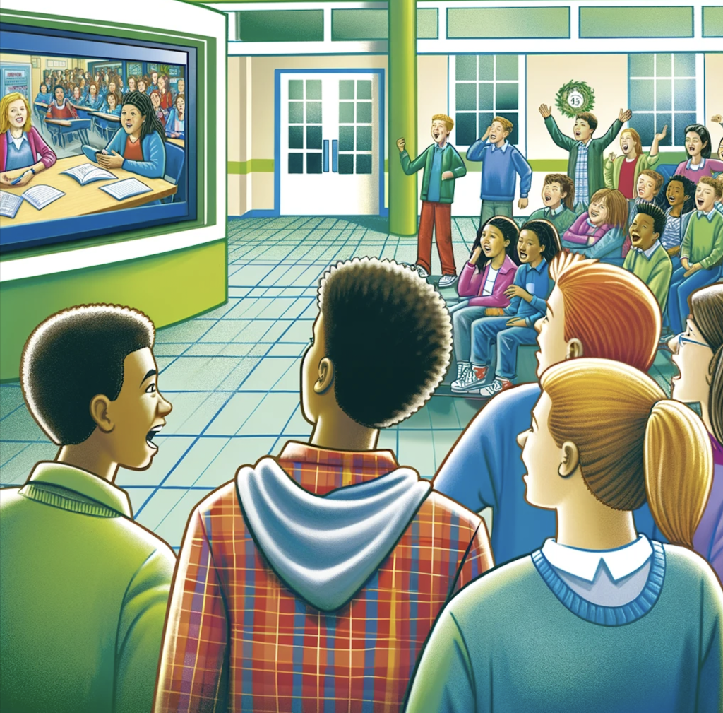 This image features a school hallway scene where middle school students are gathered around a TV screen, watching a live announcement of names for an upcoming school event.