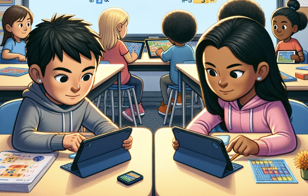 Two students, including a gender non-conforming individual, are engaged in a math game.