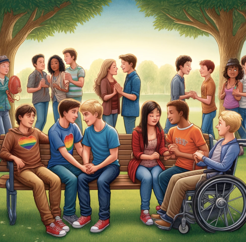 A diverse group of teenagers in a park, focusing on romantic relationships without explicit symbols like rainbows. It includes a male to male couple and a female to female couple, both showing affection and connection, along with a lively group of friends that includes individuals of various races and a teenager using a wheelchair, all in a natural and inclusive setting.