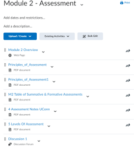 Module strycture showing the title as Module 2 Assessment and its contents as overview, links to different resources and Discussion assessment.