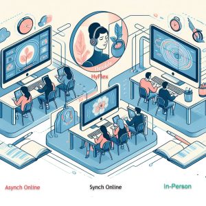 an image with three sections, one for Face-to-Face where a teacher stands in front of a big classroom screen and few students are seated, the second for Asynch Online students where students are seated in front of a computer in a bedroom and a third for Synch Online where students are watching their teacher inside a computer screen seated in a living room.