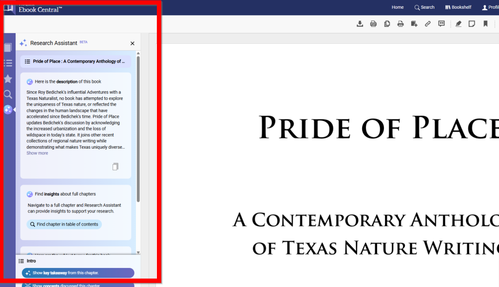 Screenshot of EBook Central showing the ProQuest AI tool.