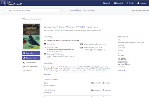 Screenshot of example book in ProQuest Ebook Central.