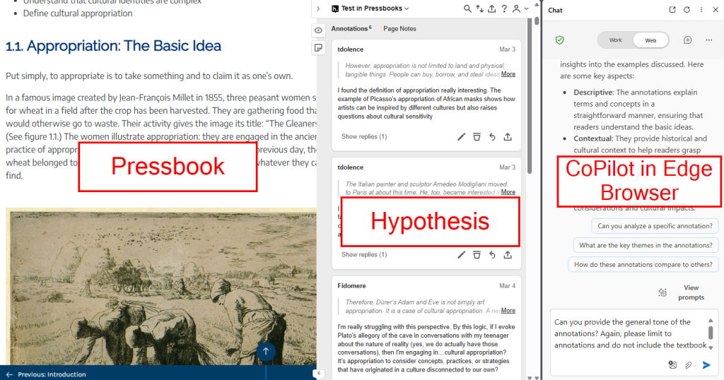 Screenshot showing Pressbook, Hypothesis social annotation, and Edge browser.