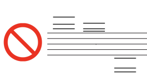 The "no" symbol to the left of a staff with ledger lines at both the top and bottom of the staff spaced unevenly..