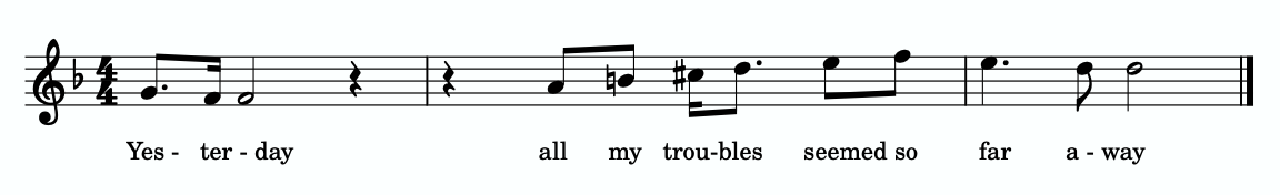 An excerpt of "Yesterday" by the Beatles is shown. The text is: "Yesterday all my troubles seemed so far away."