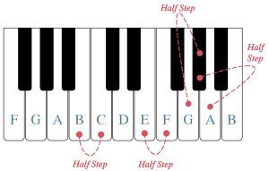 A piano keyboard is shown with the white keys labeled. Half steps between B/C, E/F, G and G sharp and A and A flat are shown.