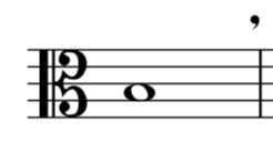 A note on a alto clef with a breath mark after it.
