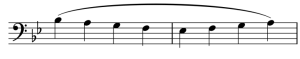 Two measures in bass clef in 4/4 time in the key of B flat. Pattern of quarter notes from Bb below middle C, down to E flat below middle C and back up to B flat, with a slur marked from B flat to B flat.