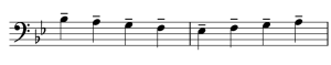 Two measures in bass clef in 4/4 time in the key of B flat. Pattern of quarter notes from Bb below middle C, down to E flat below middle C and back up to A, with tenuto lines over each pitch.