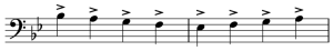Two measures in bass clef in 4/4 time in the key of B flat. Pattern of quarter notes from Bb below middle C, down to E flat below middle C and back up to A, with accent marks (sideways V shapes) over each pitch.