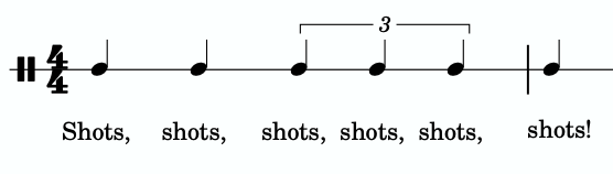 A single-line staff in percussion clef and 4/4 time signature is shown. The following rhythm appears: 2 quarter notes, a quarter note triplet, and a single quarter note. The text for each note is "shots."