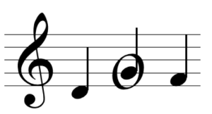 appoggiatura - a treble clef d followed by leap up to a g, resolving down to an F. The g is the appoggiatura.