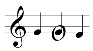 suspension - a chord tone G, followed by the suspended G, resolving down to F, in treble clef