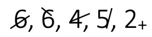 Figured bass numbers with slashes to indicate sharped notes: 6 with a slash across the bottom loop, 6 with a slash across the top, 4 with a slash across the angle in the 4, 5 with a slash from top to bottom, 2 with a subscript plus sign.