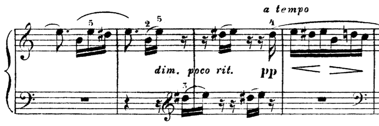 A four-measure excerpt from Beethoven's "Für Elise" is shown. In the third measure there is a ritardando, and in the fourth measure a return to the original tempo is indicated by "a tempo."