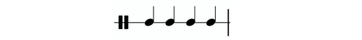 A percussion clef is shown on a one-line staff. Four quarter notes are shown on the staff.