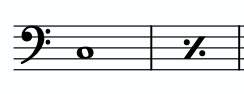 A staff with a bass clef is shown. A note is one measure is followed by the one-measure repeat sign.