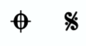 Two signs are shown. The one on the left looks like a circle with a t through it. The one on the right looks like a slanted S with a diagonal line through it, with two dots.