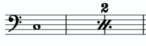 A staff with a bass clef is shown. A note in the first measure is followed by a two-measure repeat sign.