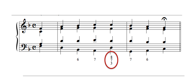 A chorale style harmonization with one of the figured bass symbols being an 8 stacked over a 7, stacked over a 3.