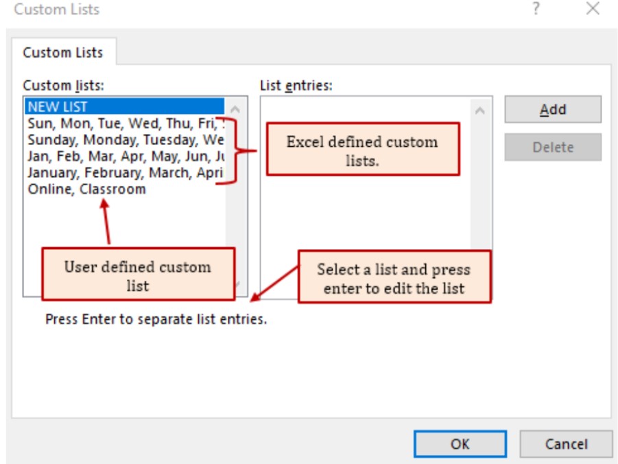 Figure 5.6b Custom Lists Dialog Box