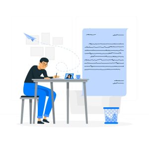 Illustration of a person in a black shirt and blue pants sitting at a desk, writing on paper. The desk holds a framed photo, a cup, and some papers. Behind the person is a large sheet of paper with scribbled lines. A paper airplane flies above their head to the left, and a blue trash bin sits beside the desk