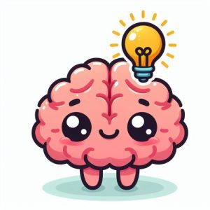 An anime-style pink brain with big black eyes and small megs with a lightbulb over it.