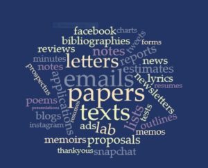 Word cloud image with the following words: facebook, charts, bibliographies, tweets, forms, notes, reviews, minutes, letters, notes, news, estimates, lyrics, resumes, emails, papers, poems, presentations, blogs, Instagram, thankyous, snapchat, ads, lab, application, prospectus, lists, outlines, memos, texts