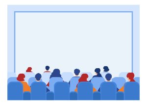 Illustration of a movie theater with people seated in rows, facing a large blank screen. The seats and people are shown in shades of blue and red, and the screen occupies most of the background with no visible content or text.