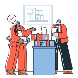 Illustration of two architects discussing a building design. One holds blueprints and gestures, while the other examines a large sheet of paper. A table in front of them displays architectural models and drawings. A framed blueprint of a modern building hangs on the wall behind them.