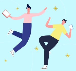 Two cartoon-style characters jump in the air against a light blue background. The character on the left has dark hair tied up, wears a pink long-sleeve shirt and blue pants, and holds a tablet or book. The character on the right has short dark hair, wears a yellow short-sleeve shirt and black pants, also holding a tablet or book. Both have arms raised, with small yellow star-like shapes scattered around them.