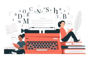 Illustration of a large red typewriter with scattered letters around it. On either side, two people sit on stacks of books—one on the left is reading a book cross-legged, and the one on the right is writing in a notebook. An open book and a feather quill appear in the background.
