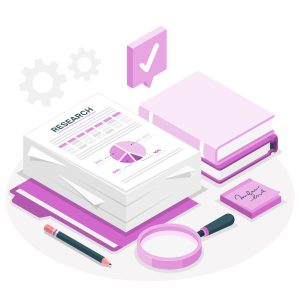 Illustration of study materials on a white surface, including three stacked books with the top one open to a pie chart. A magnifying glass rests on the open book. To the right is a closed book with a checkmark icon above it. A pencil, eraser, and two gears appear in the background. The papers include the word Research.