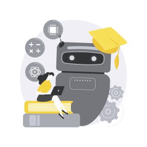 Illustration of a large robot wearing a yellow graduation cap. A woman sits on a stack of books beside the robot, using a laptop. Surrounding them are icons representing mathematics, computer science, and physics.
