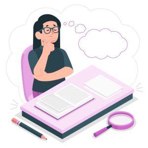Illustration of a person with long black hair and glasses sitting at a desk with an open book, a stack of papers, a pencil, and a magnifying glass. The person rests their chin on one hand, with thought bubbles above their head. The background features light, cloud-like shapes.