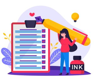 Illustration of a woman in a red shirt and blue pants holding a large yellow fountain pen. Beside her is a clipboard with several lines of text, each marked with a red checkmark. An ink bottle labeled 'INK' sits nearby, with decorative elements including leaves, a heart, and a light bulb in the background.