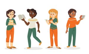 Illustration of four people standing in a row, each holding a book. From left to right: the first person wears an orange and green outfit and holds two books to their chest; the second wears green pants and a white shirt with yellow stripes, walking while reading; the third has long hair, wears orange pants and a green shirt, smiling while reading; the fourth wears green pants and an orange shirt with white stripes, holding an open book in one hand.