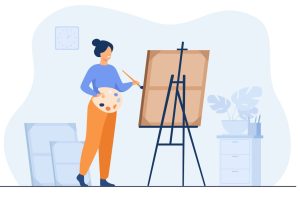 An artist stands in front of an easel, holding a paint palette and brush. The artist wears orange pants and a blue long-sleeve shirt. Behind them are two large canvases leaning against the wall, a clock, and a small cabinet with potted plants on top.