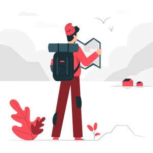 Illustration of a person in a red beanie, red jacket, and red pants with black patches, holding a map and carrying a large black backpack. The background shows mountains, clouds, birds flying, two small red houses in the distance, and plants on the ground.