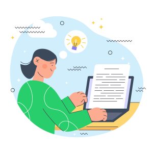 Illustration of a person with dark hair tied back, wearing a green sweater, sitting at a desk and looking at an open laptop displaying text. A light bulb icon above their head symbolizes an idea. The background features abstract shapes and lines suggesting connectivity or communication.