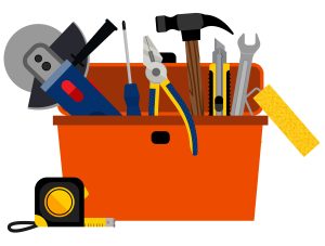An orange toolbox filled with tools including a hammer, wrench, pliers, screwdriver, tape measure, and angle grinder. A yellow measuring tape lies outside the toolbox.